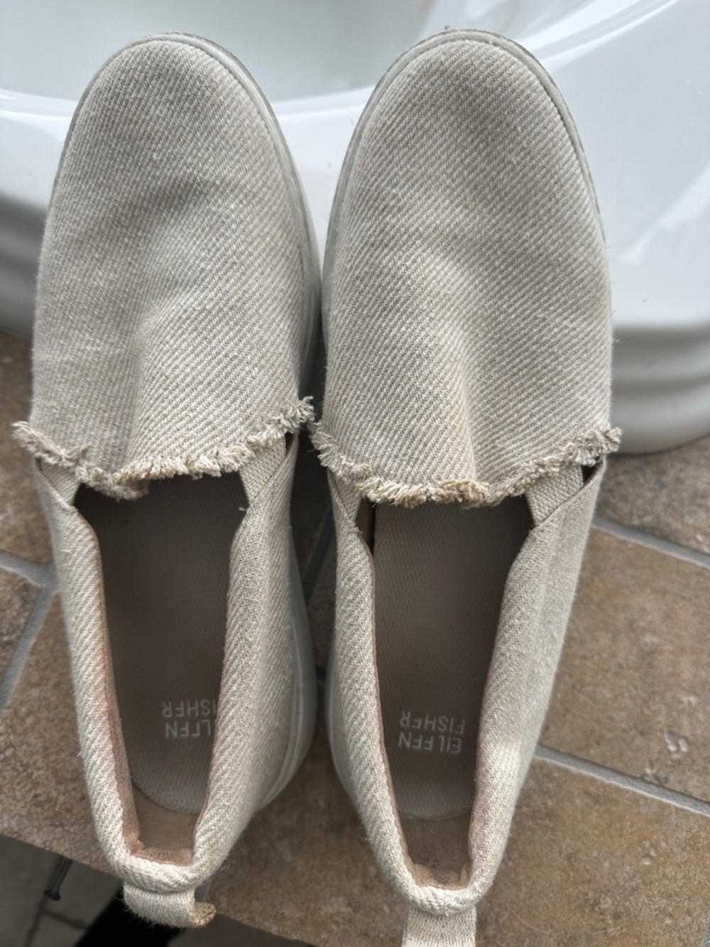 Eileen Fisher Beige Frayed-Edge Slip-On Loafers